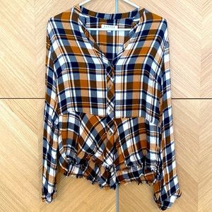 Harper Plaid Button Down Top with Frayed Edge Hem